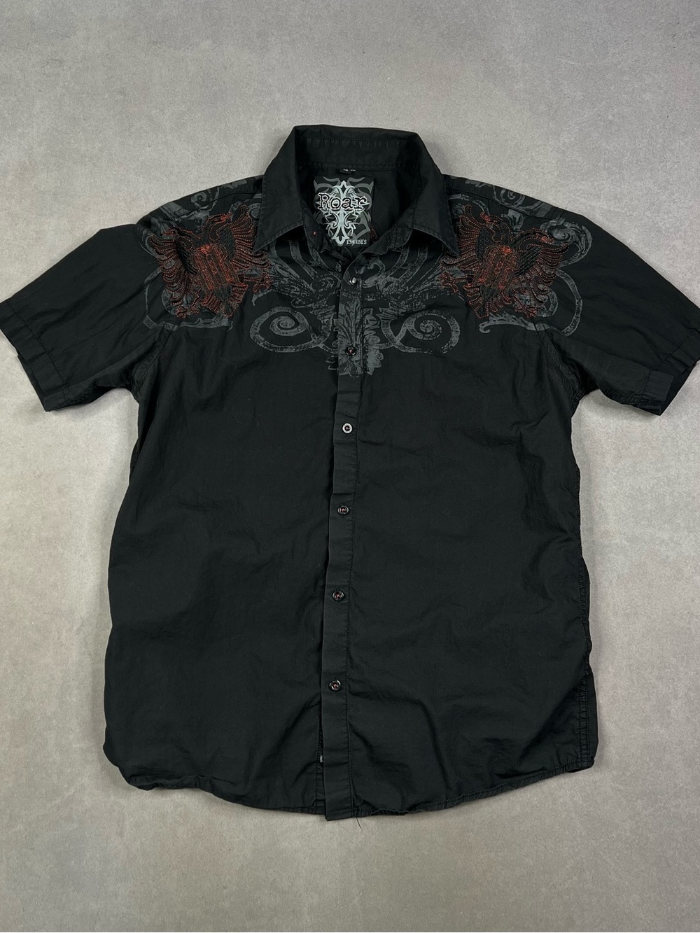 Roar Y2K Tribal Black Short-Sleeve Button-Down Shirt with Red & Gray Embroidery